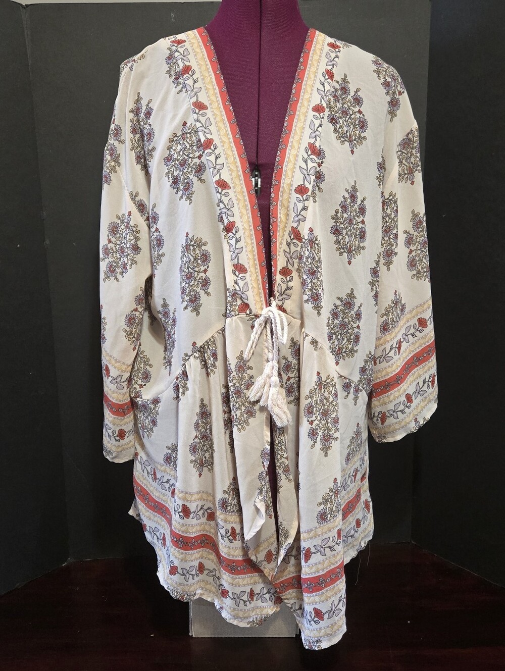 BOHO Bohemian Handkerchief lightweight layering top Kimono Open Floral Tie Front